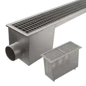 Canal avec grille à sortie latérale en acier inoxydable