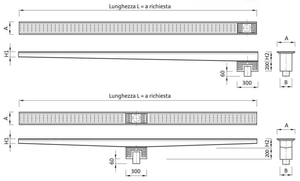 canale con griglia scarico verticale – pozzetto a cassetta – PC 024V tech