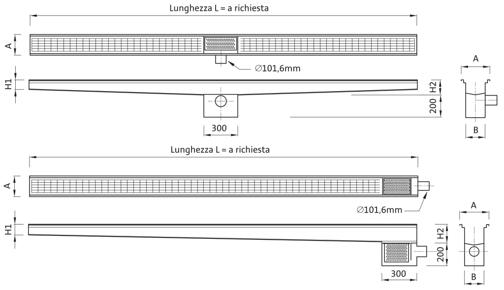 canali con griglia scarico orizzontale laterale – PC 024L tech