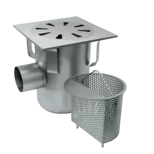 Siphon de trou d'homme 300×300 mm avec sortie latérale sur le corps ø 101.6/110 mm