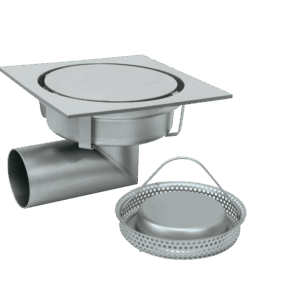 Siphon 300×300 mm renforcé, sortie latérale ø 101,6/110 mm